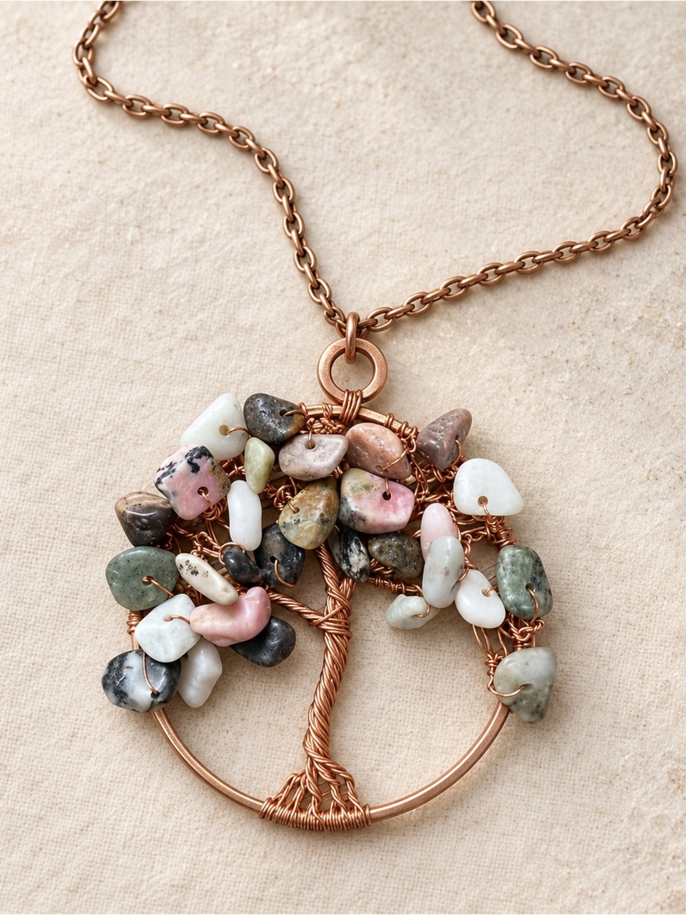 Handmade Copper Tree of Life Necklace Pink Opal Gemstone Chip Pendant 20”